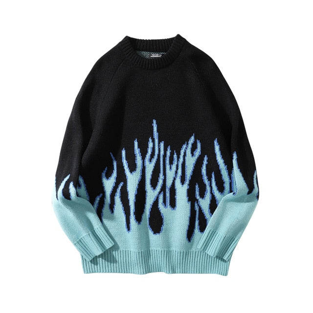 Sweater Men Streetwear Retro Flame Pattern Hip Hop Autumn New Pull Over Spandex O-neck Oversize Couple Casual Men's Sweaters