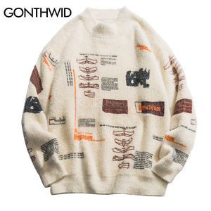 GONTHWID Graffiti Knitted Pullover Jumper Sweaters Streetwear Hip Hop Casual Long Sleeve Turtleneck Knitwear Sweater Men Tops